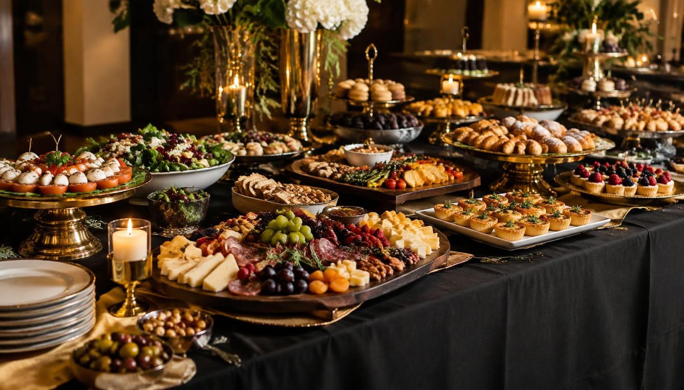 Buffet traiteur dressé avec plateaux salés, fromages et pâtisseries en Île-de-France