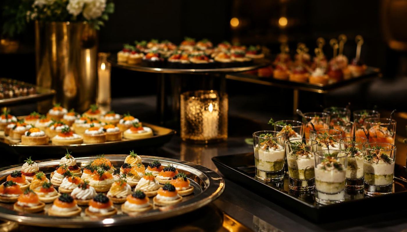 Pièces cocktail, canapés et verrines dressés sur plateaux pour une réception en Île-de-France