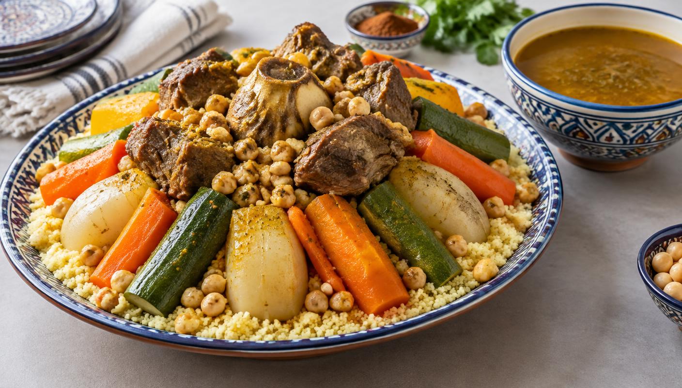 Illustration culinaire d'un couscous oriental avec semoule, légumes et pois chiches