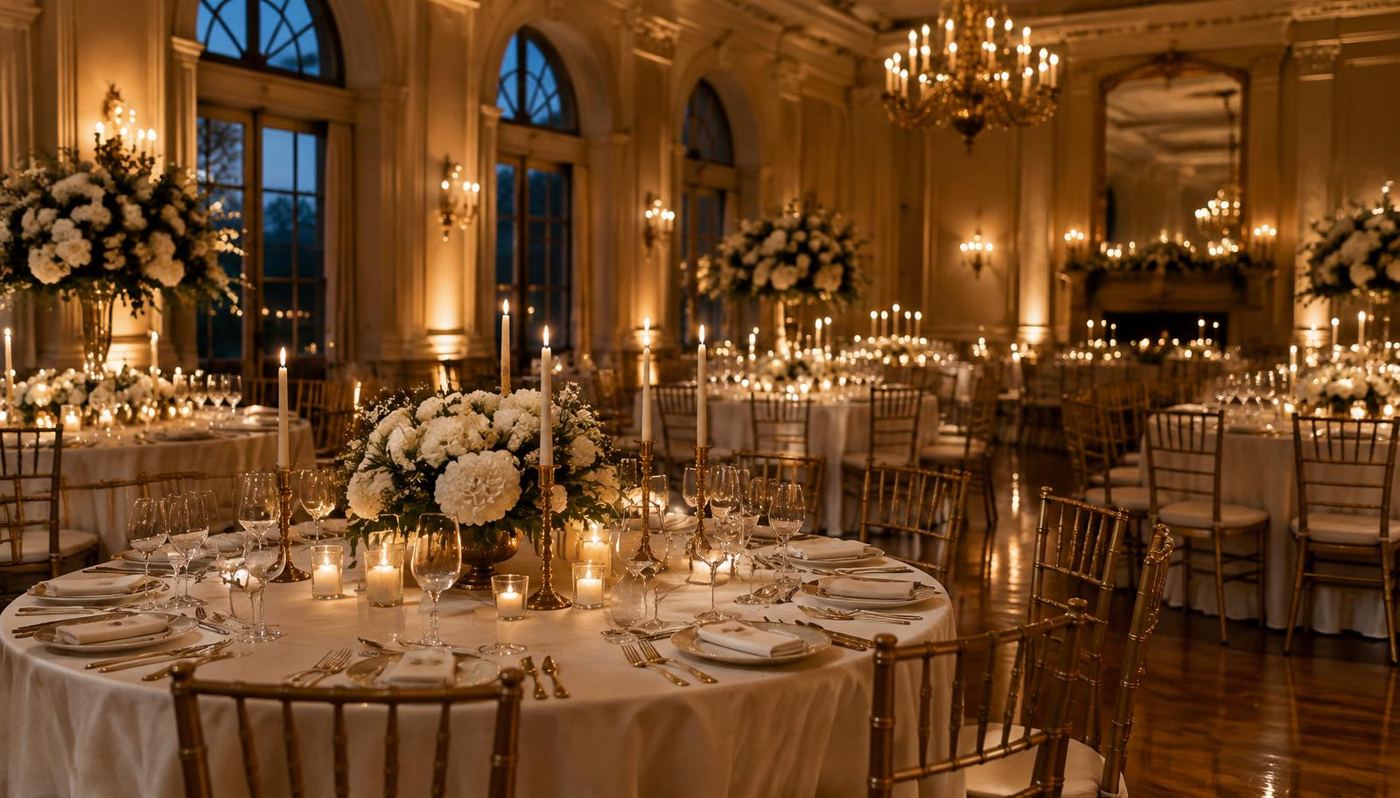 Salle de réception de mariage avec tables dressées et chandeliers dorés en Île-de-France